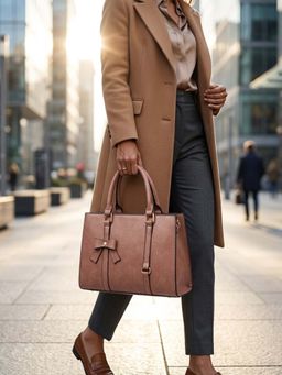 ZELION - Tan Dusty Rose Bow Satchel with Detachable Strap
