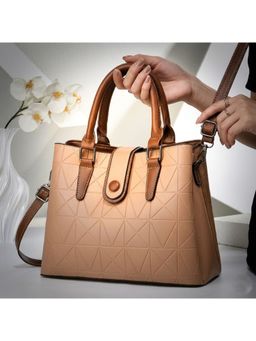 ZELION - Geometric Textured Beige Satchel with Detachable Strap