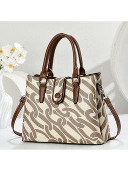ZELION - Beige Abstract Link Printed Satchel with Detachable Strap