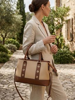 ZELION - Beige Eyelet Satchel with Detachable Strap