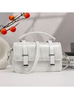 ZELION - White Snakeskin Mini Satchel with Detachable Strap
