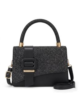 ZELION - Silver Glitter Buckle Black Satchel with Detachable Strap