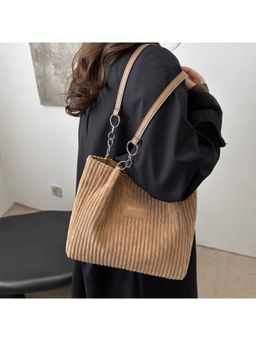 ZELION - Beige Corduroy Chain Tote Bag
