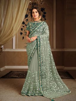 Odette - Sea Green Net Designer Saree with Unstitched Blouse