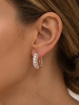 METALM - Rose Gold Huggie Hoop Earrings with Clear CZ Diamonds - Daily wear Silver jewelry for Women