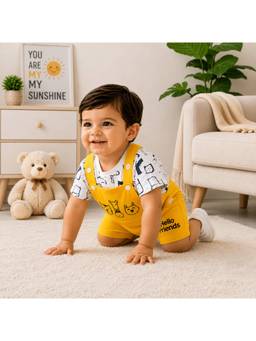 KIDNIP - Cotton Blend Graphic Mustard Tshirt With Dungaree