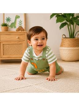 KIDNIP - Cotton Blend Graphic Green Tshirt With Dungaree