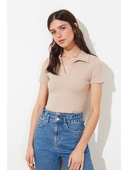 Trendyol - Stone Semi-fit Solid-plain V-neck Top