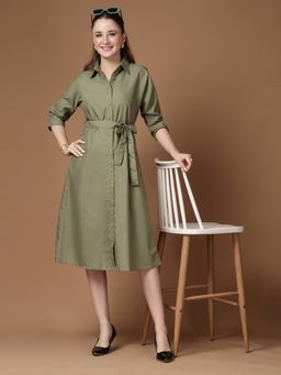 Style Quotient - Women Solid Olive Smart Casual Midi Shirt Dress