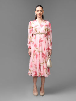Kazo - Pink Ventura Midi Dress with Belt