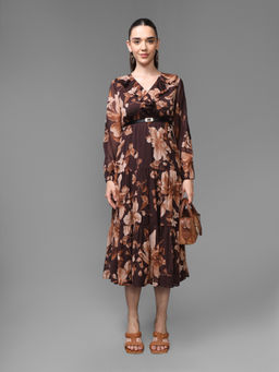 Kazo - Brown Floret Midi Dress with Belt