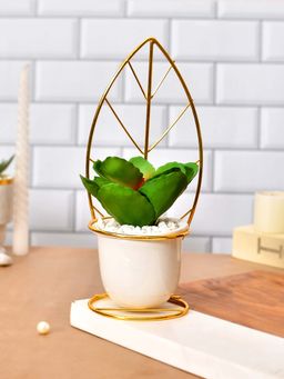 Tayhaa - Green Leafy Artificial Plant with White and Gold Ceramic Pot