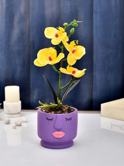 Tayhaa - Artistic Purple Face Planter with Yellow Artificial Orchids