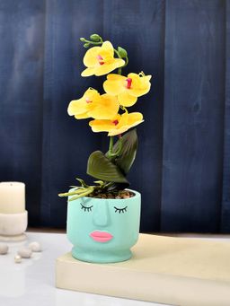 Tayhaa - Artistic Blue Face Planter with Yellow Artificial Orchids