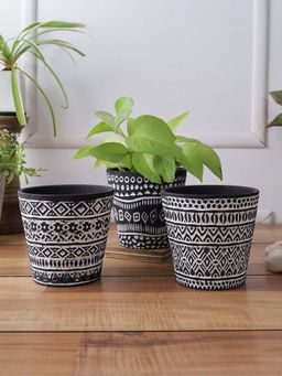 Tayhaa - Black Colored Planters with White Tribal Design (Set Of 3)