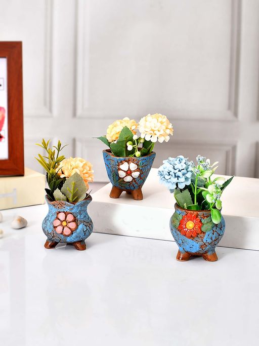 Tayhaa Enamel Flower Design Ceramic Planters (Set Of 3)