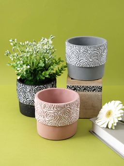 Tayhaa - Flower Texture Ceramic Planters (Set Of 3)
