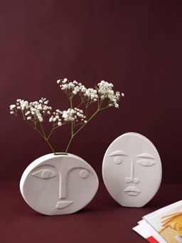 Tayhaa - White Ceramic Face Vase (Set Of 2)