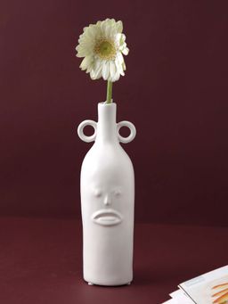 Tayhaa - White Ceramic Face Textured Bottle Shape Vase