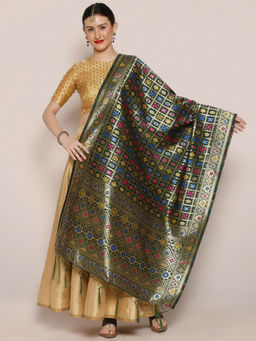 Dupatta Bazaar - Womens Green Banarasi Silk Dupatta with Motifs in Checkered Design