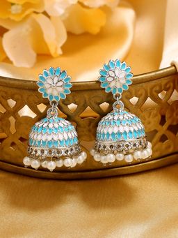 Estele - Rhodium Plated Traditional Blue & White Meenakari Jhumki Earrings for Women