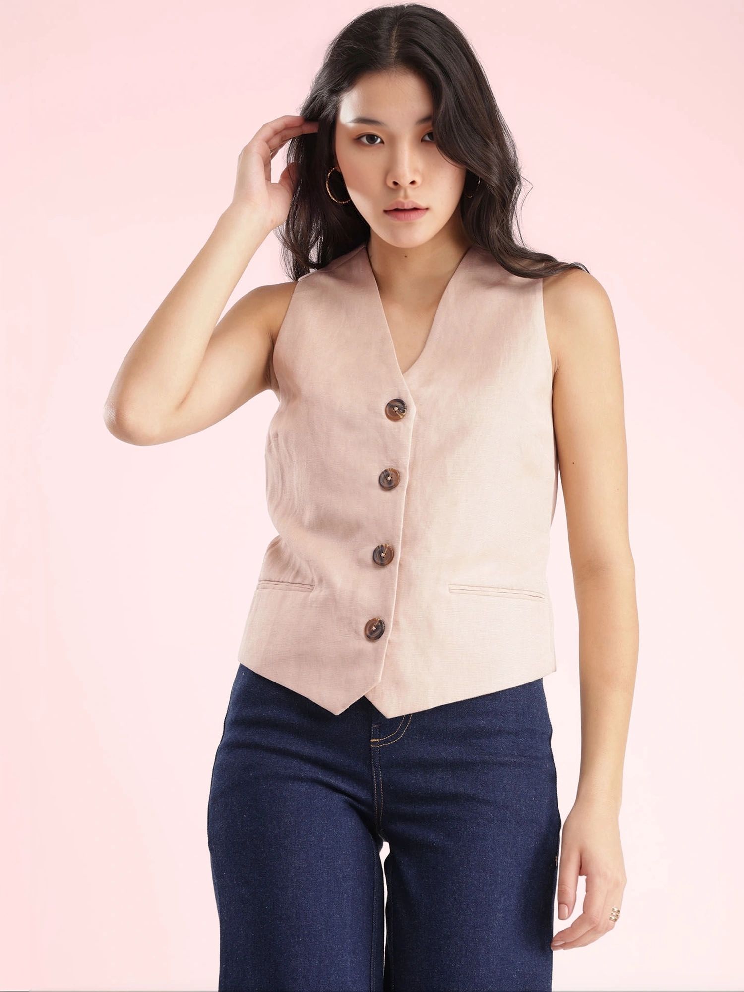 fable street Womens Linen Waistcoat Beige-picture-42