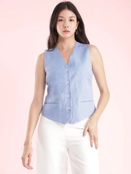 FableStreet - Womens Linen Waistcoat Light Blue