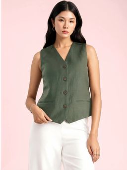 FableStreet - Womens Linen Waistcoat Olive