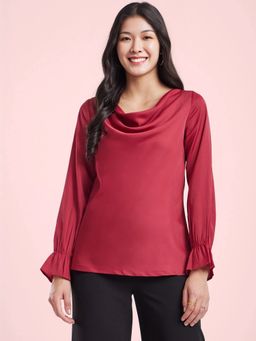 FableStreet - Silk Cowl Neck Top - Maroon