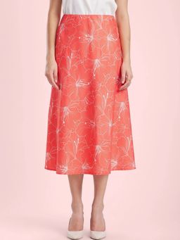 FableStreet - Coral Floral Print Midi Skirt