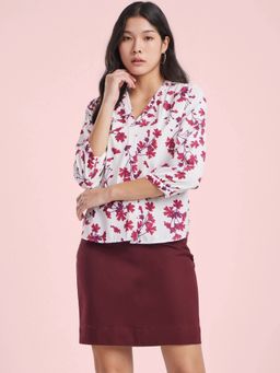 FableStreet - White and Maroon Floral Printed Pleated Top