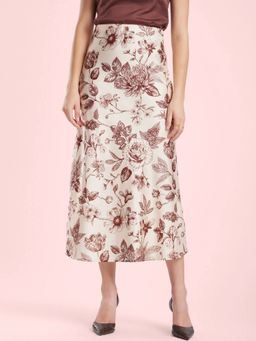 FableStreet - Beige and Brown Satin Floral Skirt
