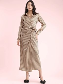 FableStreet - Stretch Satin Wrap Dress- Beige And Black
