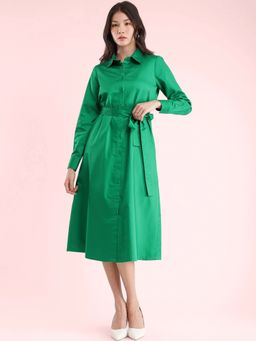 FableStreet - Women Cotton Green Solid Midi Dress with Belt (Set of 2)
