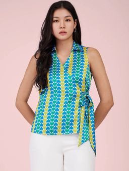 FableStreet - Women Printed Sleeveless Blue Top