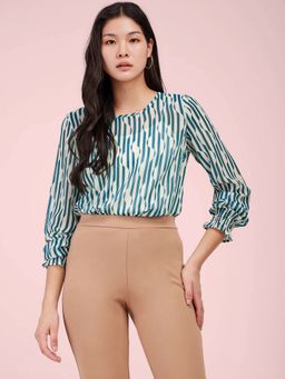 FableStreet - Women Geometric Three Fourth Sleeves Green Top