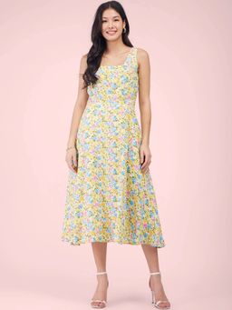 FableStreet - Fit and Flare Floral Dress - Yellow