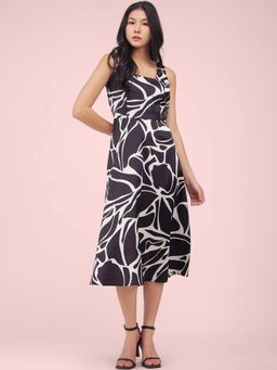 FableStreet - Satin Fit and Flare Dress - Black and White