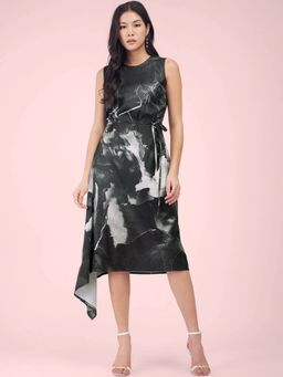 FableStreet - Satin Asymmetric Hem Belted Dress - Black (Set of 2)