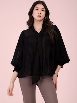 FableStreet - Black Flared Pleated Top