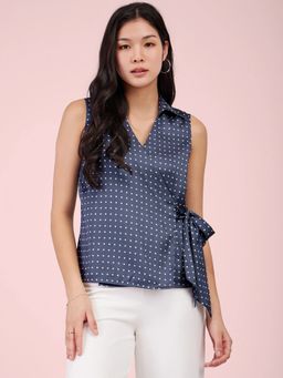 FableStreet - Navy Satin Wrap Top