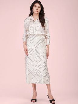 FableStreet - Off White & Black Satin Shirt with Skirt Co Ord (Set of 2)