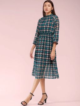FableStreet - Houndstooth A-Line Dress - Teal