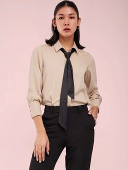 FableStreet - Contrast Tie-Up Beige Shirt