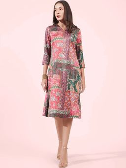 FableStreet - Satin A-Line Floral Dress - Multicolour