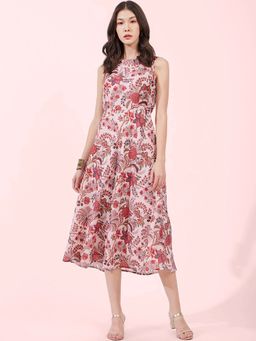 FableStreet - Beige Chanderi Floral Boat Neck Dress