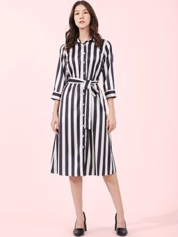 FableStreet - Black Satin A-Line Striped Dress with Belt (Set of 2)