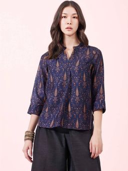 FableStreet - Navy Blue Chanderi Pleated Top