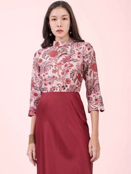 FableStreet - Pink Chanderi Floral Print Mandarin Neck Top