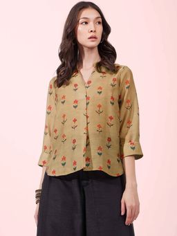 FABLE STREET - Beige Chanderi Floral Printed Top